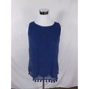 Sail to Sable Navy Pom Pom Hem Sleeveless Top S Silk Blend Keyhole